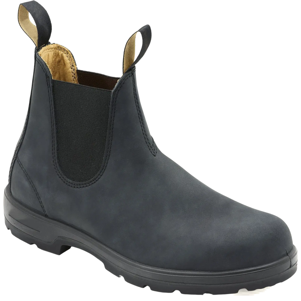 Black leather chelsea boots unisex with elastic side panels and sturdy rubber sole for vintage style and durability