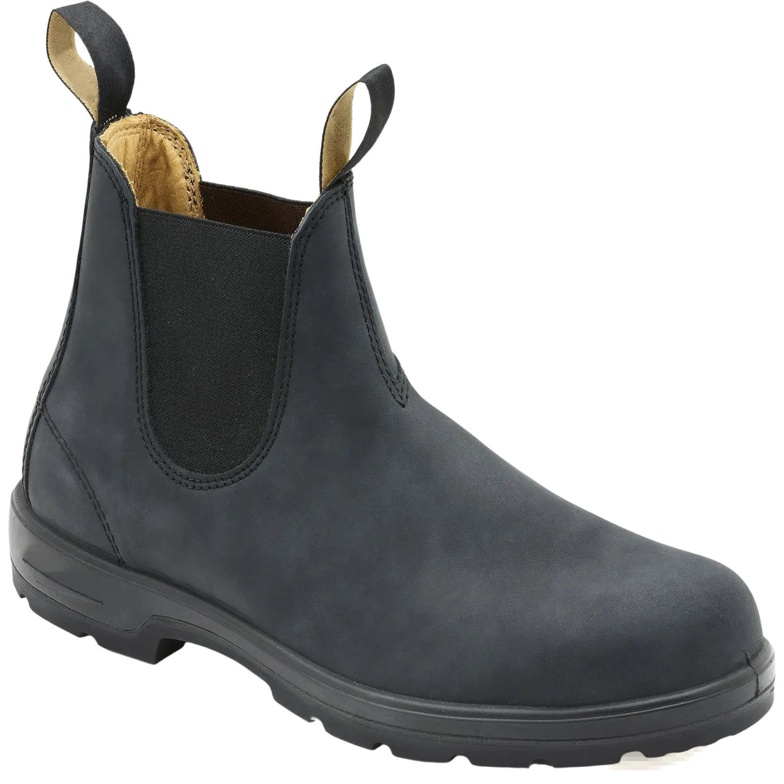 Black leather chelsea boots unisex with elastic side panels and sturdy rubber sole for vintage style and durability