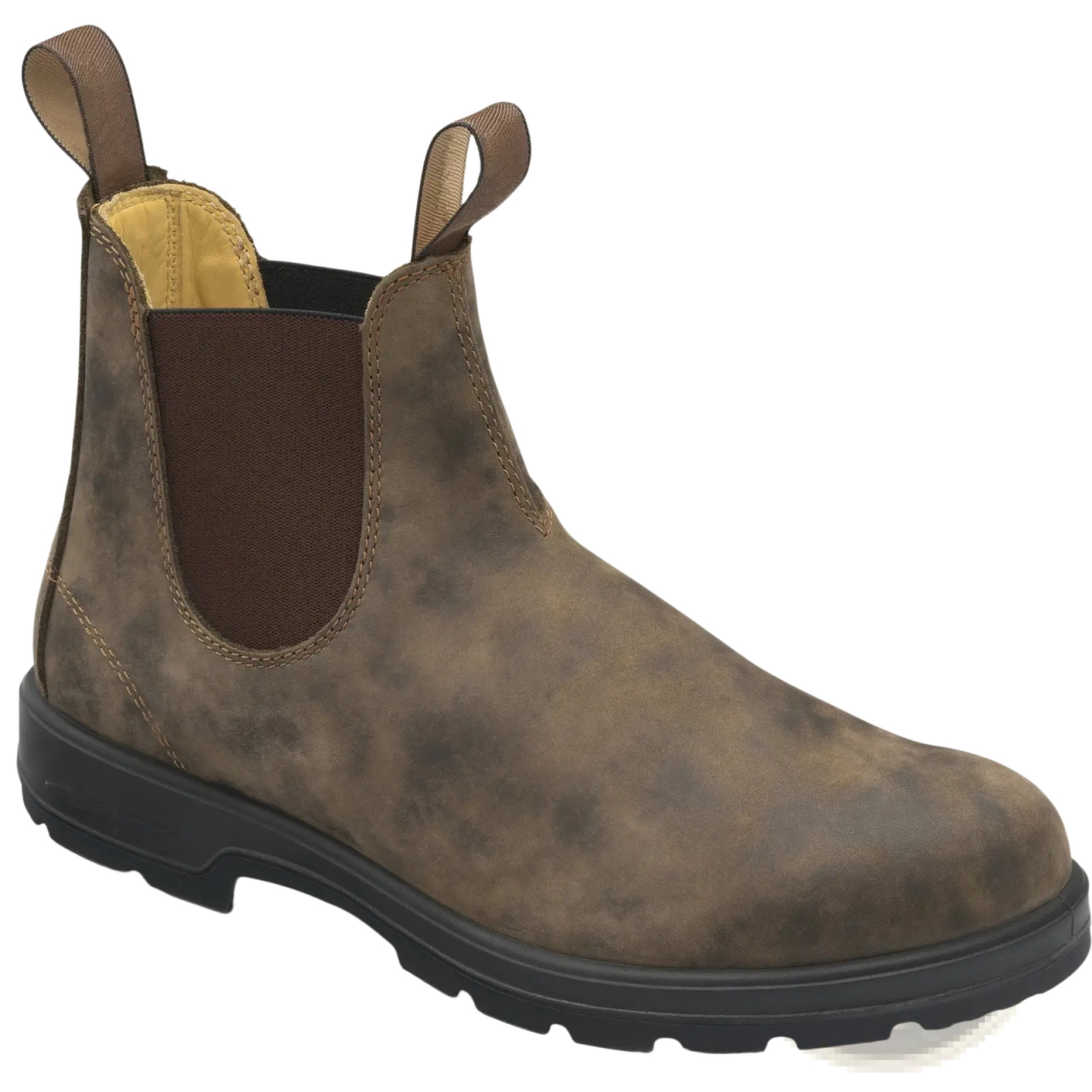 Brown suede unisex vintage leather chelsea boots with elastic side panels and black rubber sole for versatile wear