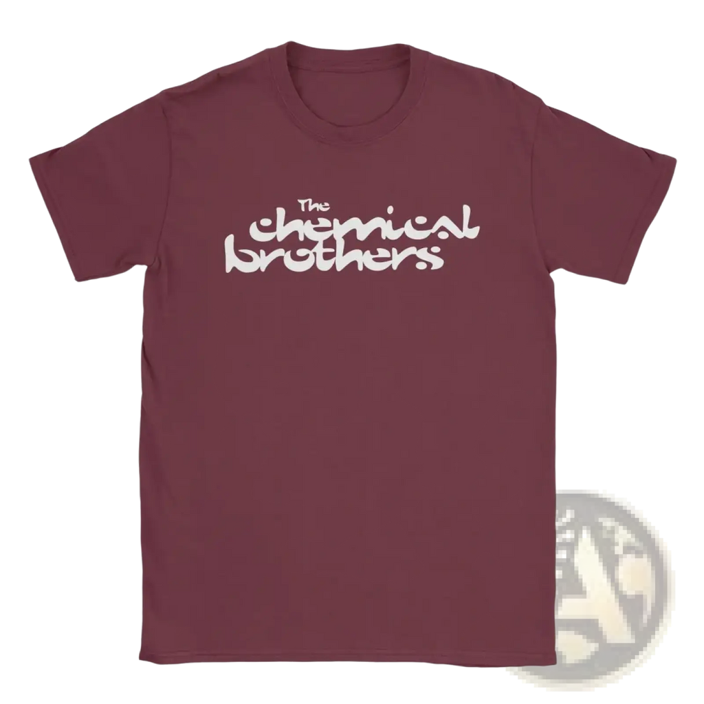 Maroon short-sleeved cotton t shirt with white the chemical brothers logo printed on the chest for casual wear