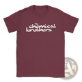Maroon short-sleeved cotton t shirt with white the chemical brothers logo printed on the chest for casual wear