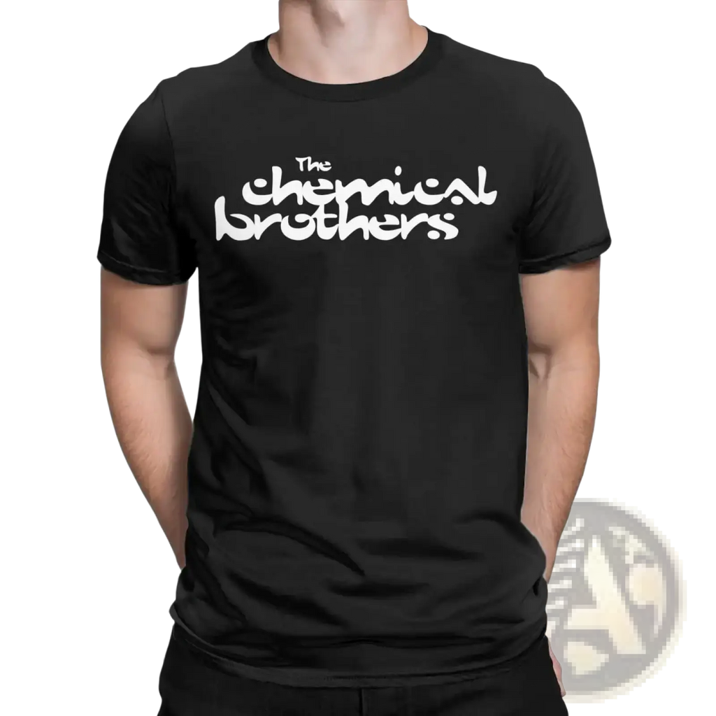 Black cotton short-sleeved t shirt with white the chemical brothers logo in stylized lettering on the chest