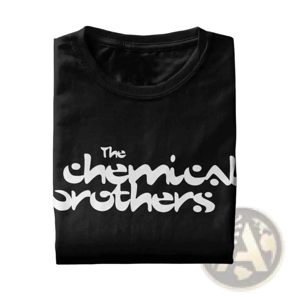 Black cotton t shirt featuring white the chemical brothers logo printed across the chest