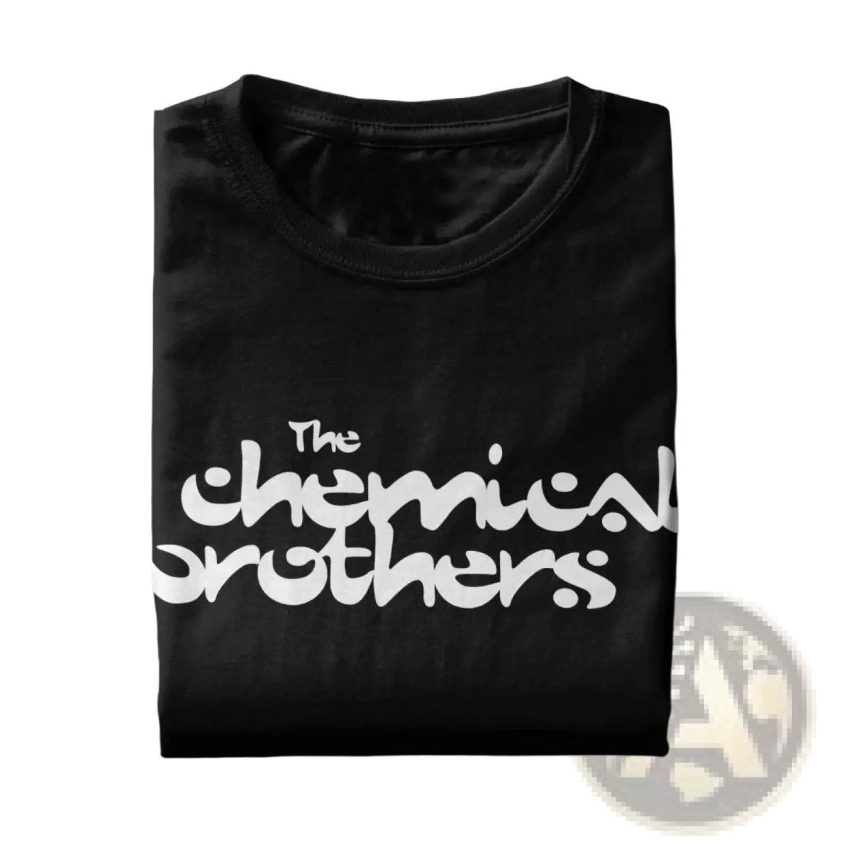 Black cotton t shirt featuring white the chemical brothers logo printed across the chest