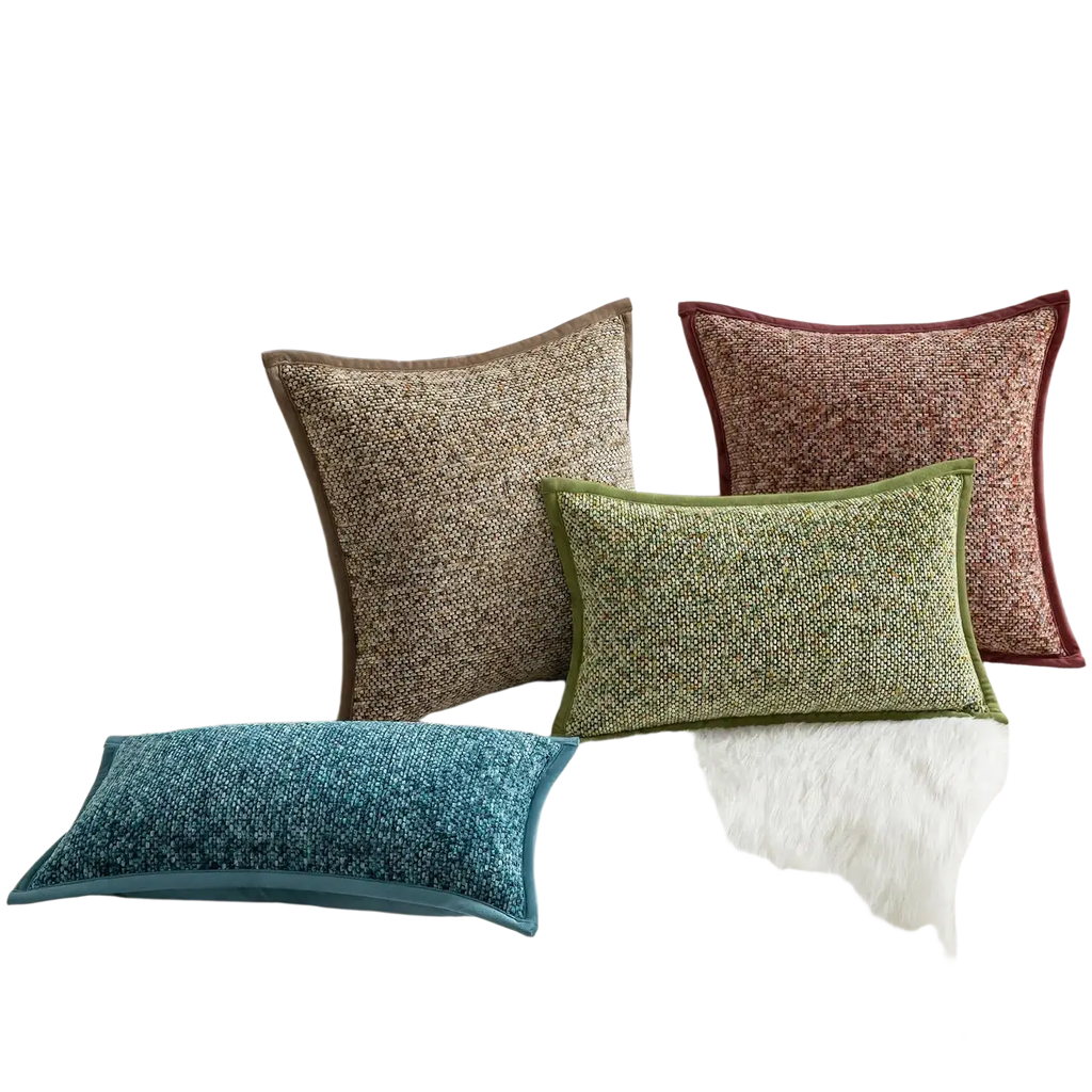 Set of four chenille throw pillow covers with textured woven fabric, earthy tones, and contrasting solid edges
