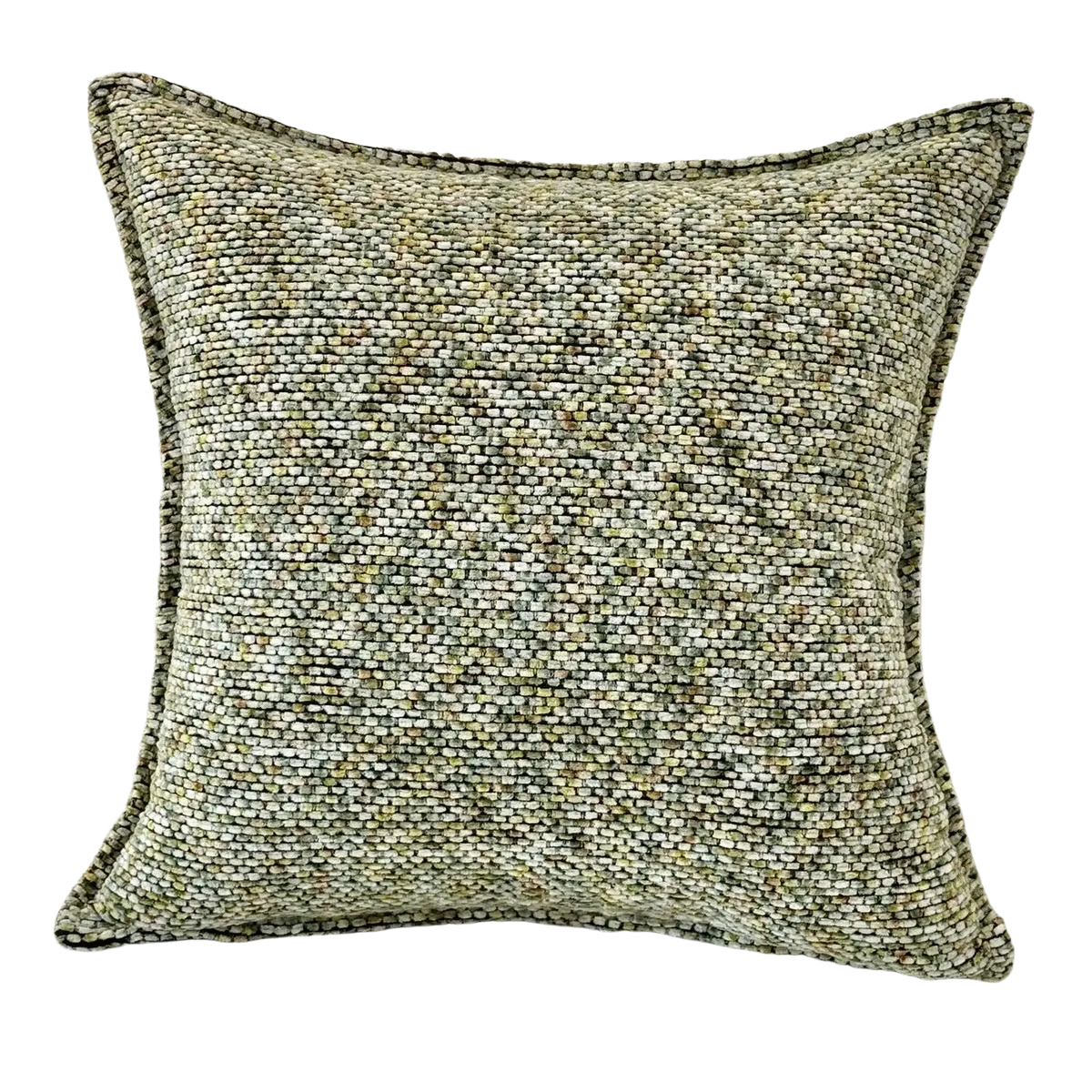 Square chenille throw pillow cover with textured woven fabric in muted green and beige tones for decorative use