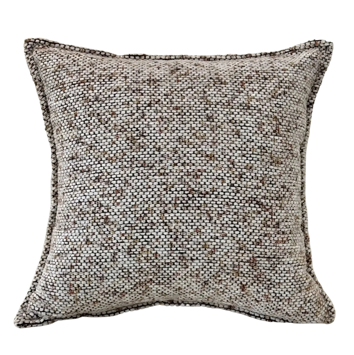 Square chenille throw pillow cover with textured woven fabric in neutral beige and brown speckled pattern for decor