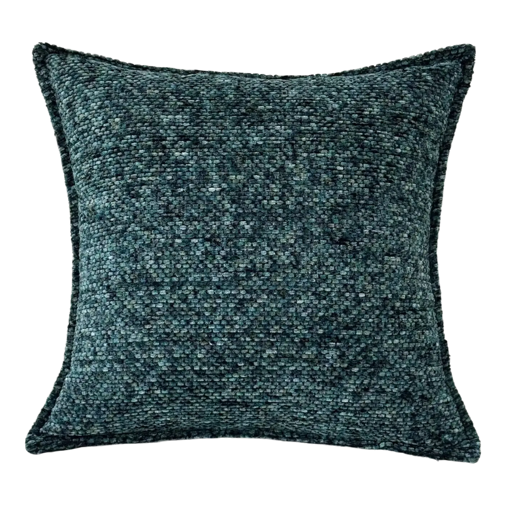 Teal chenille throw pillow cover with textured woven chunky knit pattern and slightly frayed edges for decoration