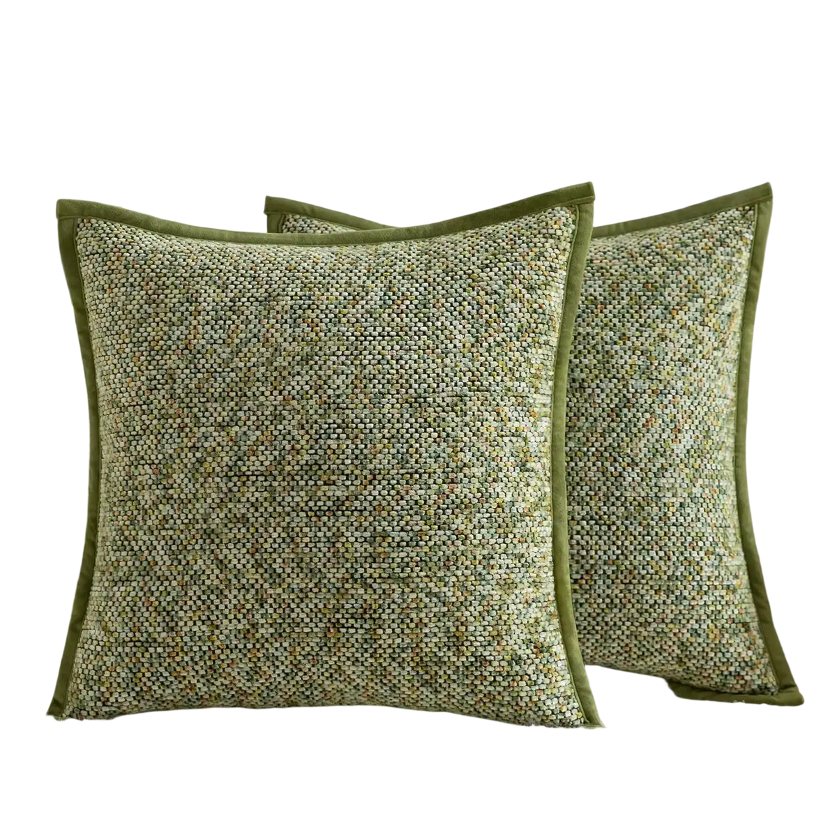 Two olive green chenille throw pillow covers with textured woven fabric and matching velvet trim for decorative use