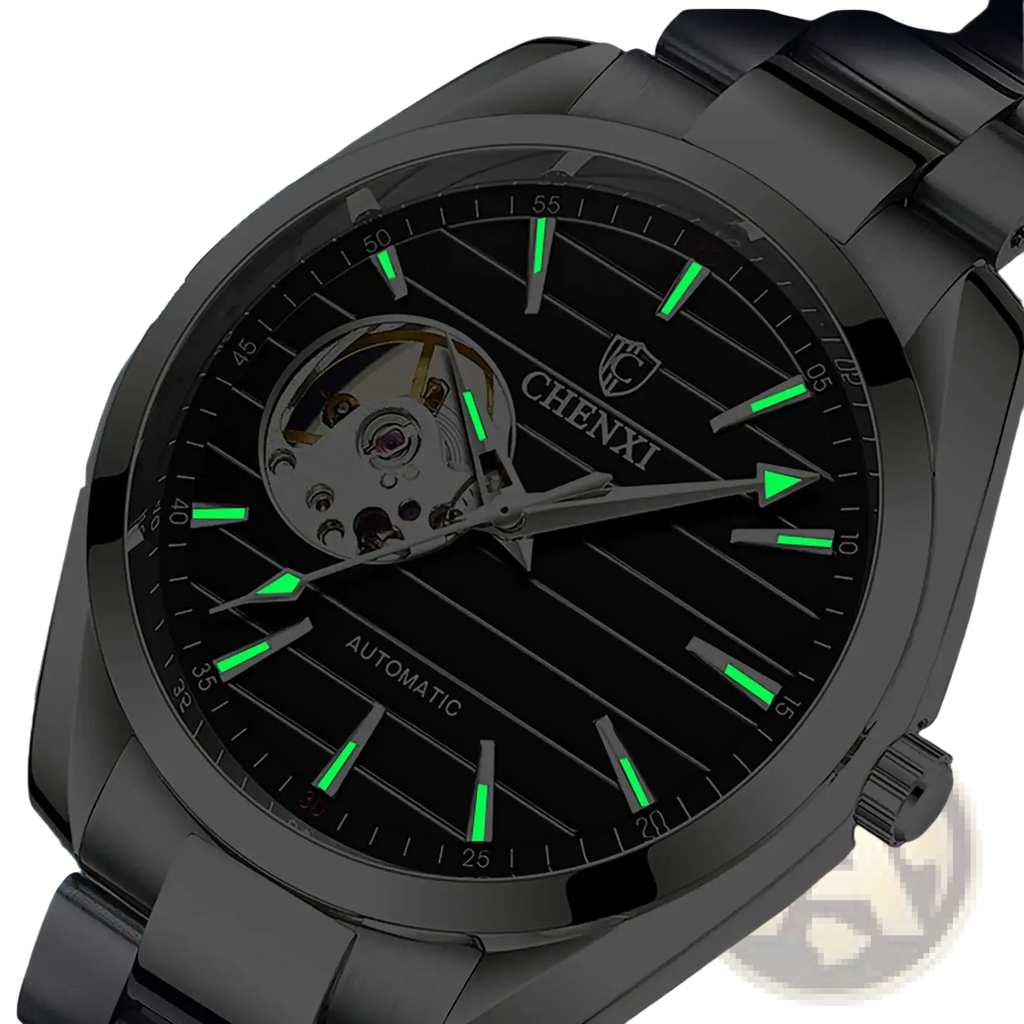 Chenxi automatic mechanical men watch with black dial green luminous hands silver stainless steel bracelet visible movement