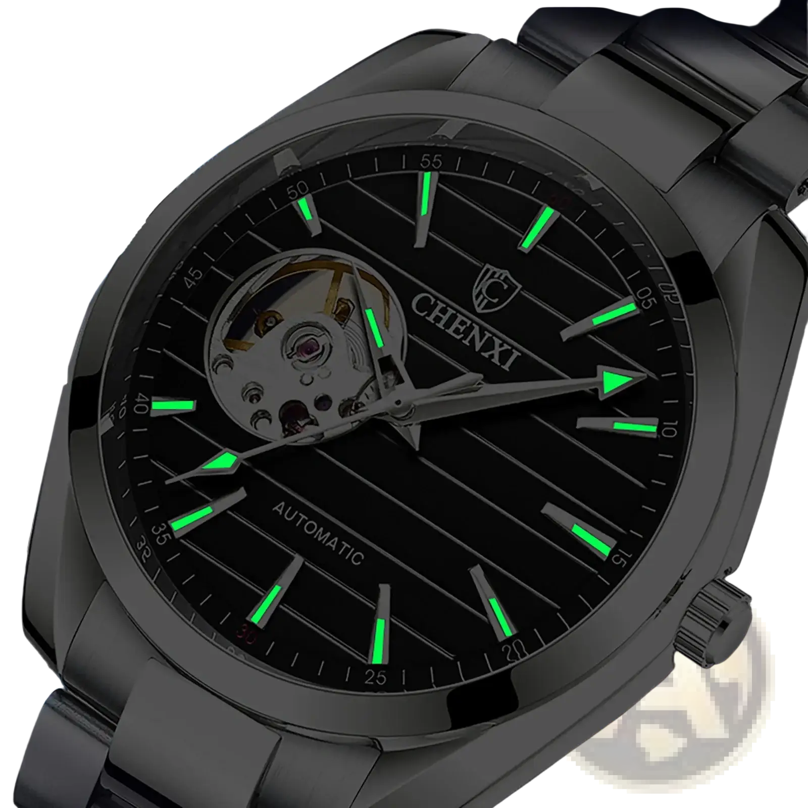 Chenxi automatic mechanical men watch with black dial green luminous hands silver stainless steel bracelet visible movement