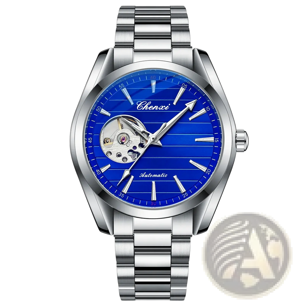 Silver-toned Chenxi automatic mechanical men watch with a vibrant blue striped dial and exposed mechanical movement stainless steel