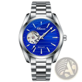 Silver-toned Chenxi automatic mechanical men watch with a vibrant blue striped dial and exposed mechanical movement stainless steel