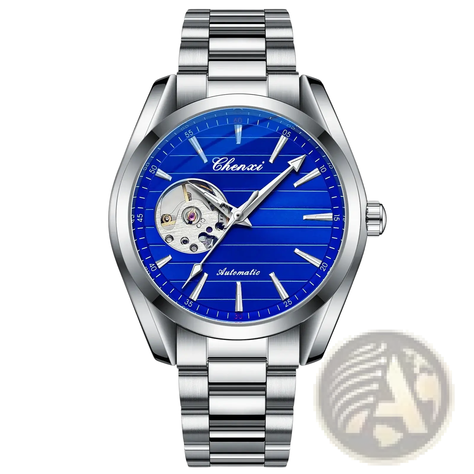 Silver-toned Chenxi automatic mechanical men watch with a vibrant blue striped dial and exposed mechanical movement stainless steel