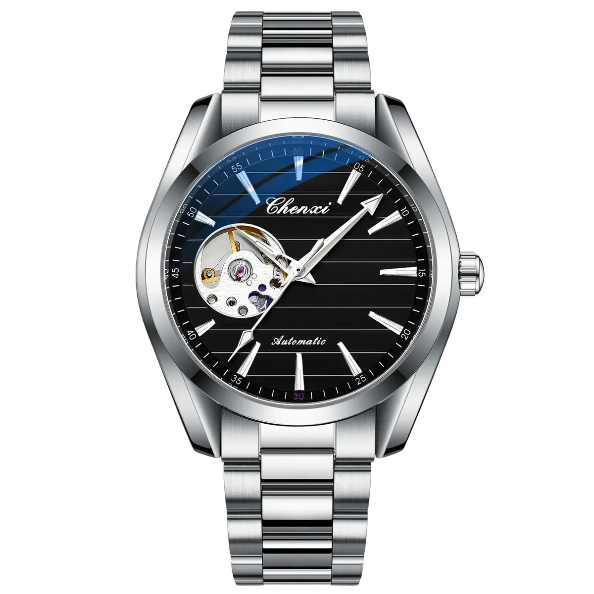 Chenxi automatic mechanical men watch with silver stainless steel bracelet black dial and visible skeletonized back
