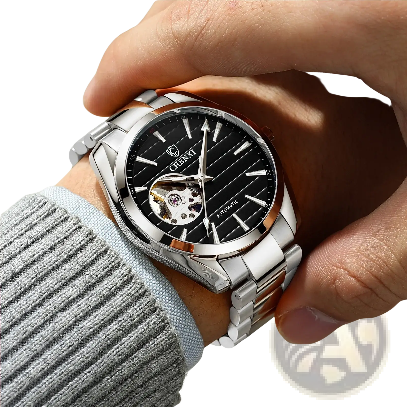 Silver-toned chenxi automatic mechanical men watch with black striped dial and exposed movement in stainless steel