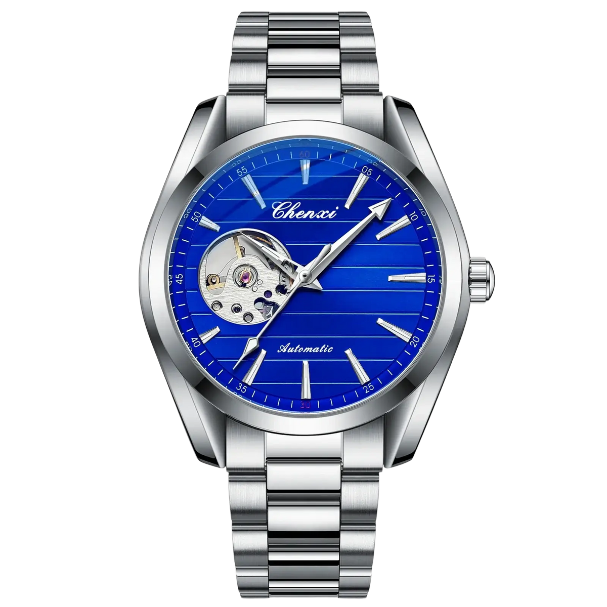 Silver-toned Chenxi automatic mechanical men watch with a vibrant blue striped dial and exposed mechanical movement stainless steel