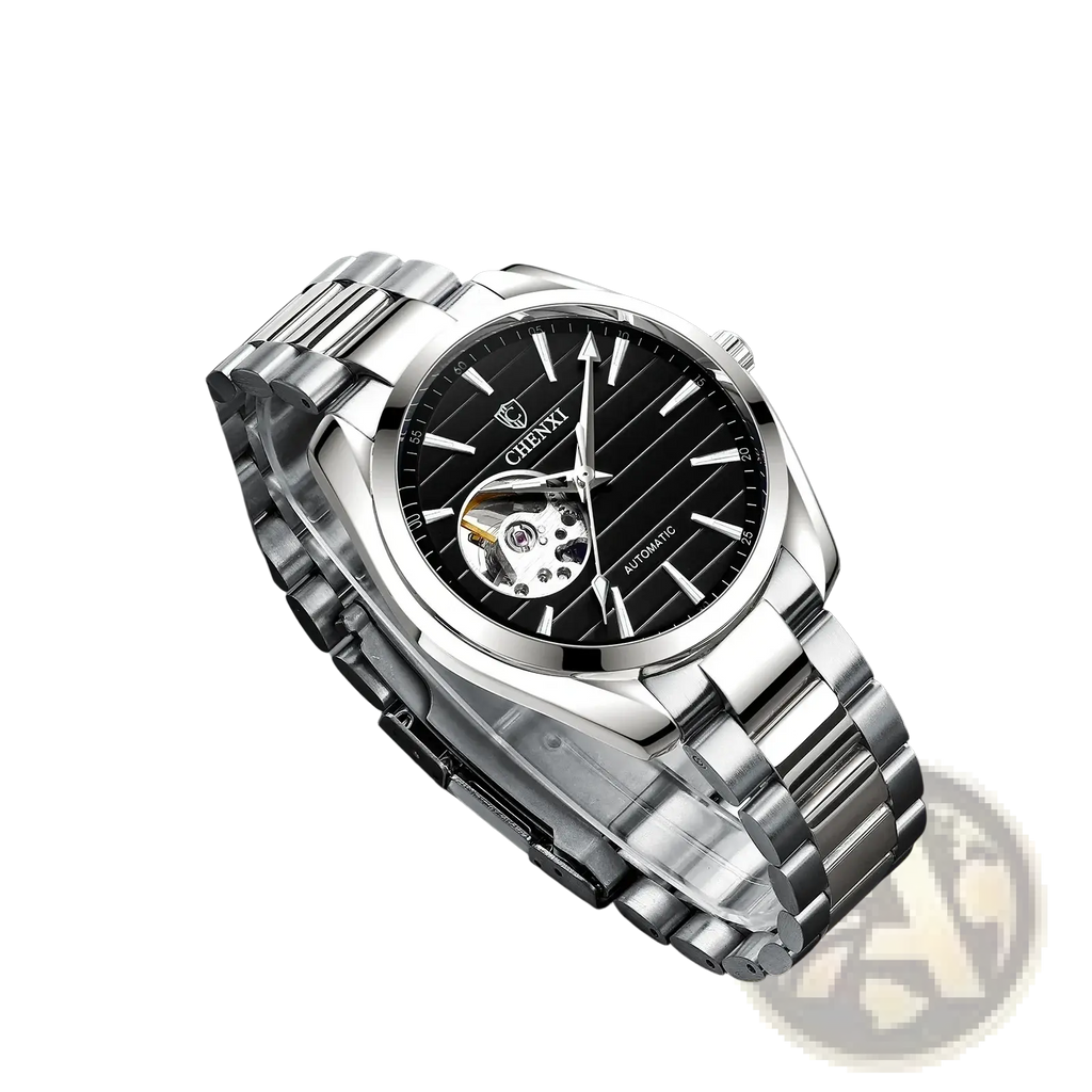 Chenxi automatic mechanical men watch with silver-toned stainless steel bracelet and black skeleton dial