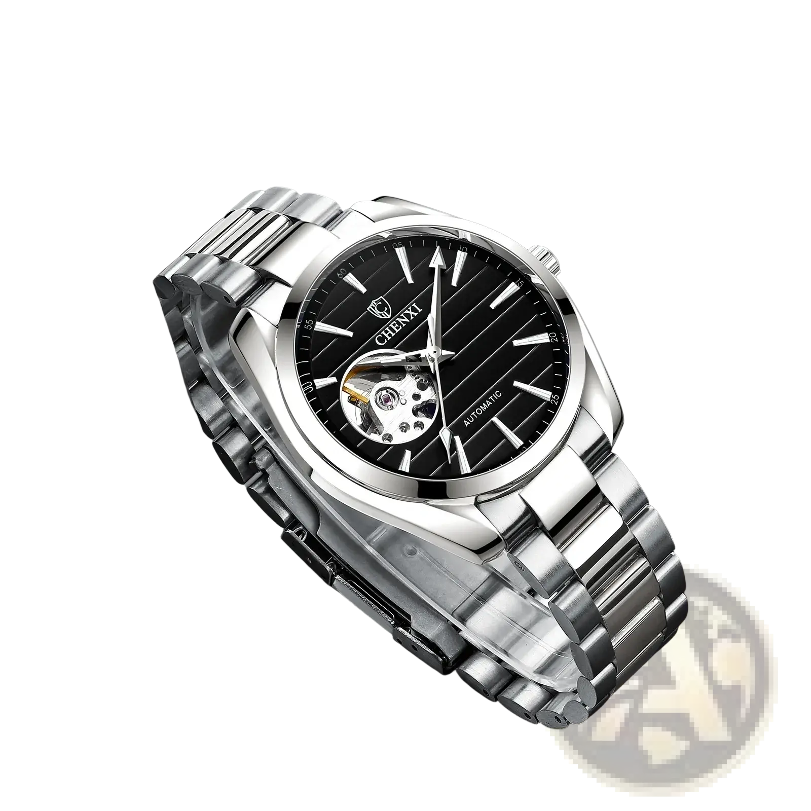 Chenxi automatic mechanical men watch with silver-toned stainless steel bracelet and black skeleton dial