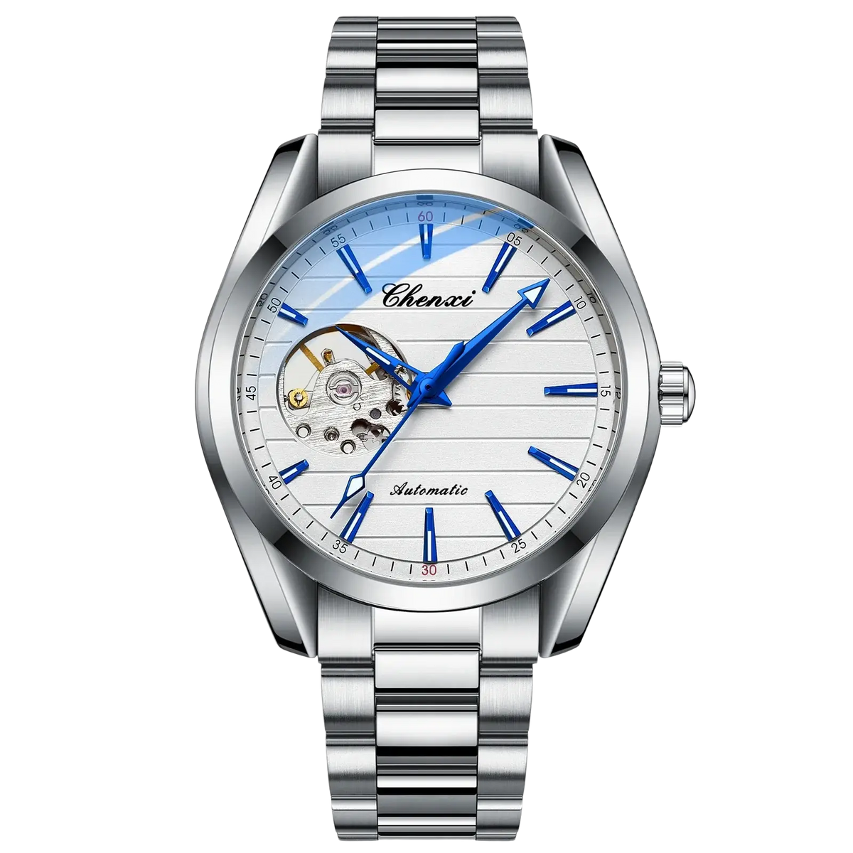 Silver-toned chenxi automatic mechanical men watch stainless steel with white dial blue markers and exposed movement