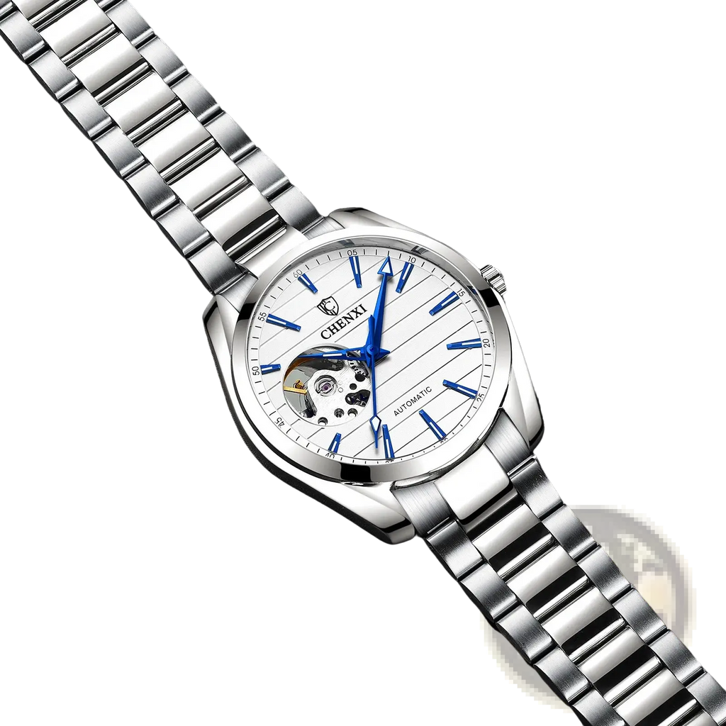 Silver-toned chenxi automatic mechanical men watch with white dial blue markers hands and exposed movement stainless steel