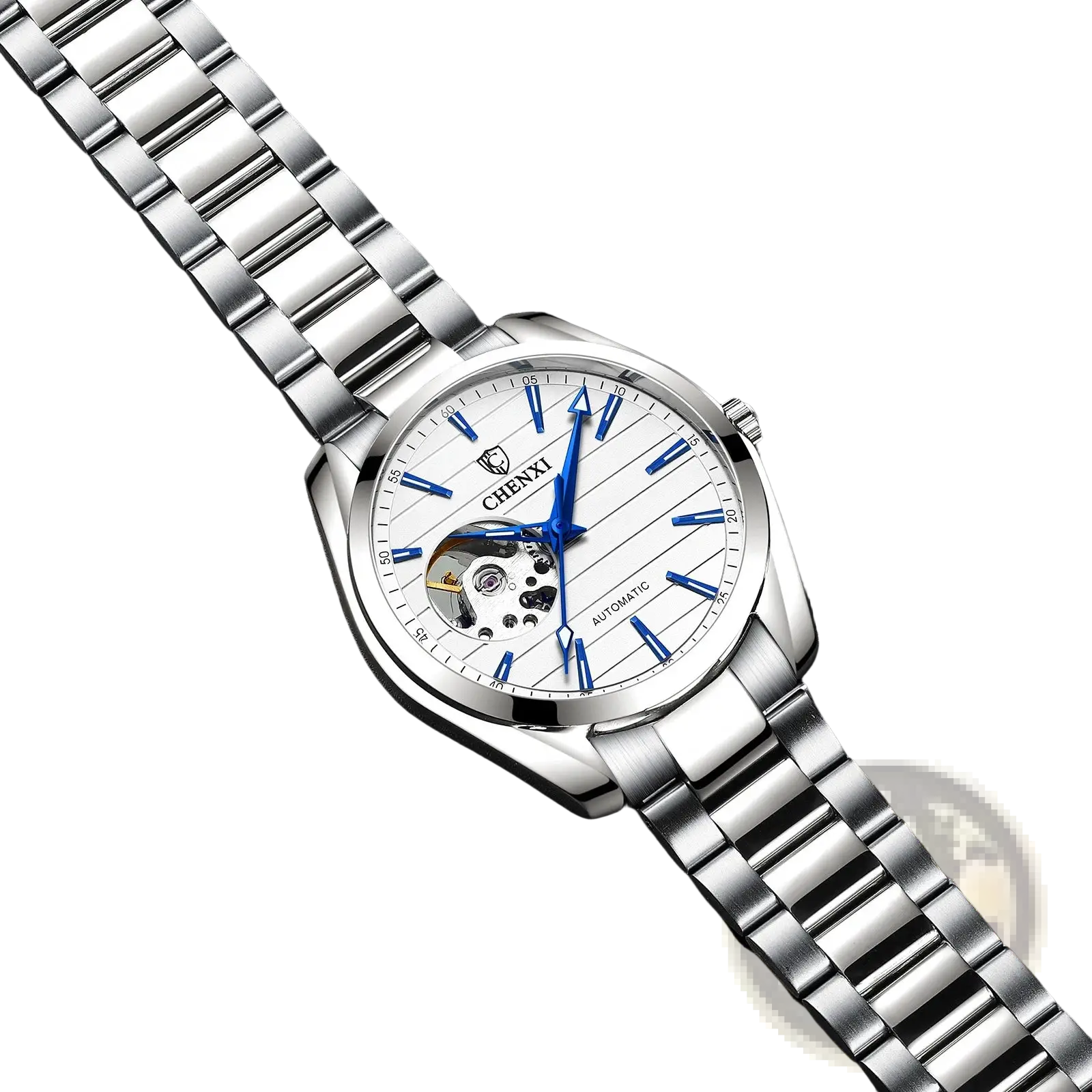 Silver-toned chenxi automatic mechanical men watch with white dial blue markers hands and exposed movement stainless steel
