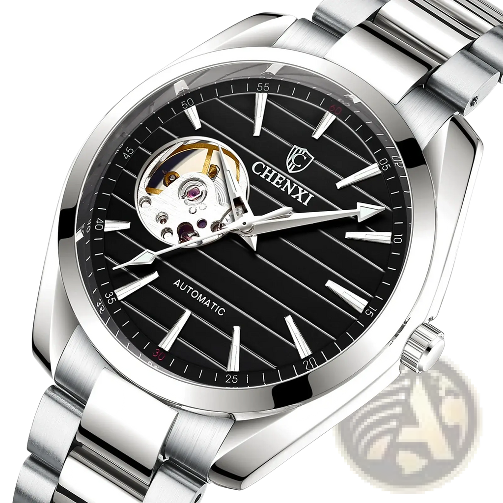 Silver-toned chenxi automatic mechanical men watch with a black horizontal striped dial and exposed movement stainless steel