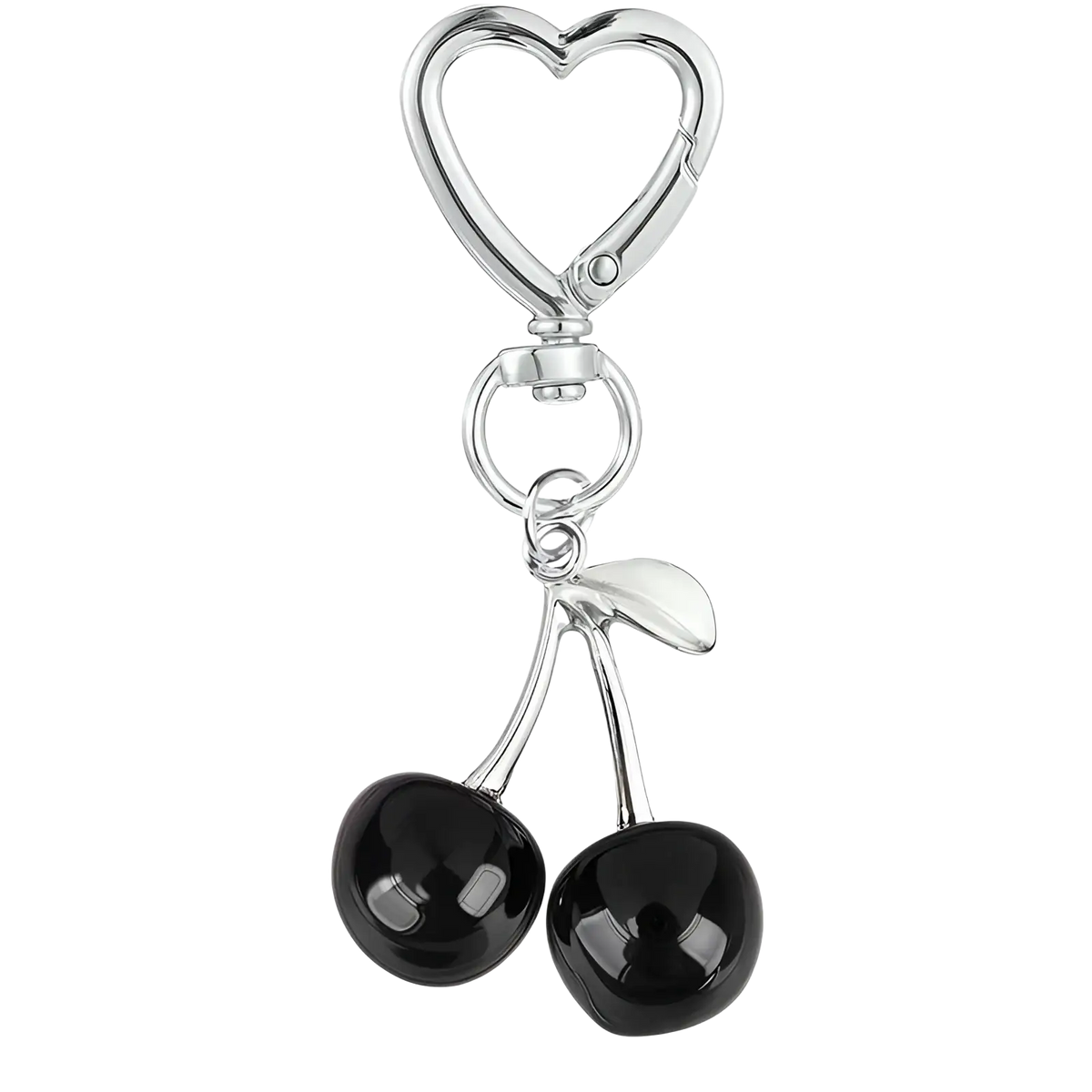 Silver heart-shaped keychain with two glossy black cherry charms for use as a cherry bag charm heart keychain