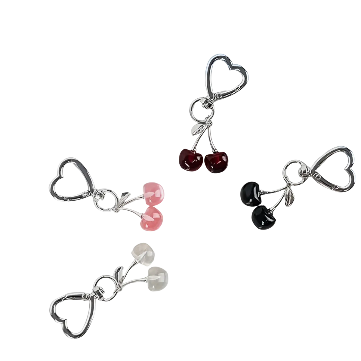 Silver heart-shaped cherry bag charm keychain with pink red and clear translucent resin designs