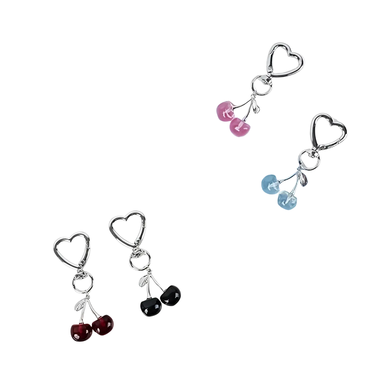 Silver heart-shaped cherry bag charm keychains with red black and pink translucent resin pendants