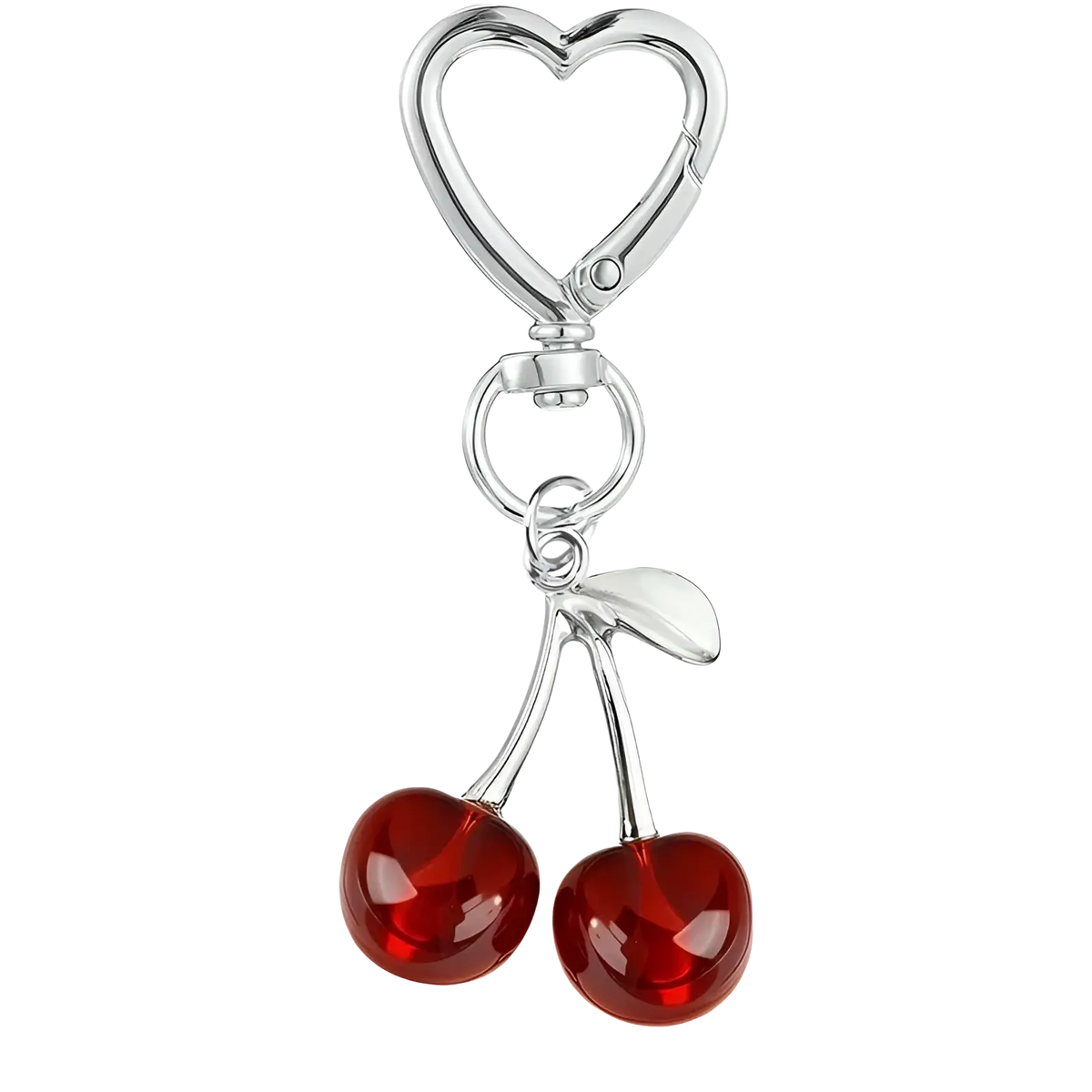 Silver heart-shaped bag charm keychain with two glossy red cherry charms featuring metallic stems and leaves