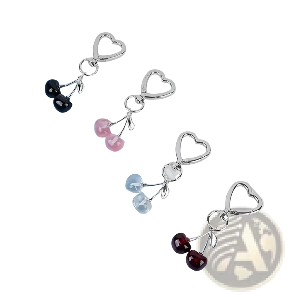 Silver heart-shaped cherry bag charm keychain with black pink clear and red translucent resin dangling charms
