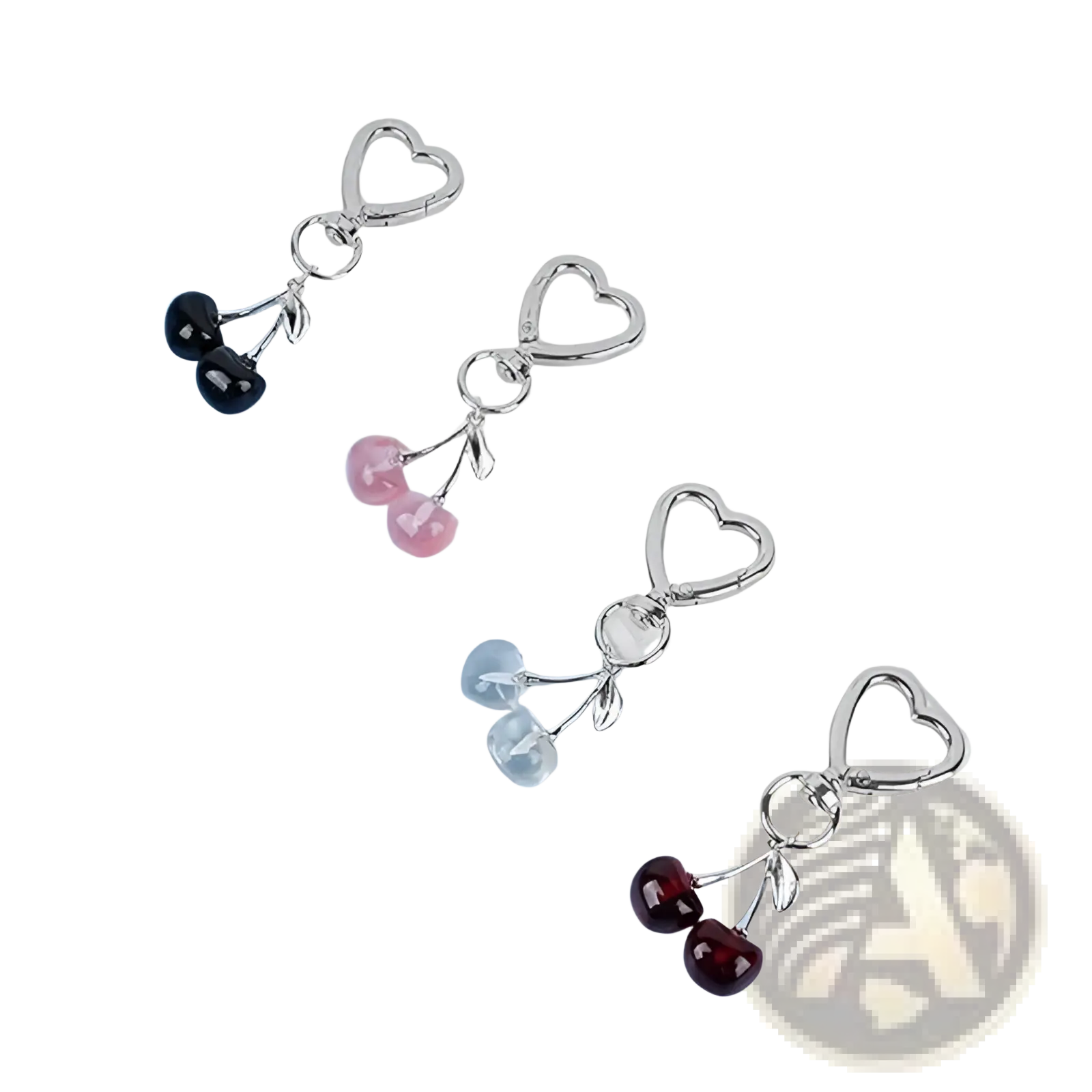 Silver heart-shaped cherry bag charm keychain with black pink clear and red translucent resin dangling charms