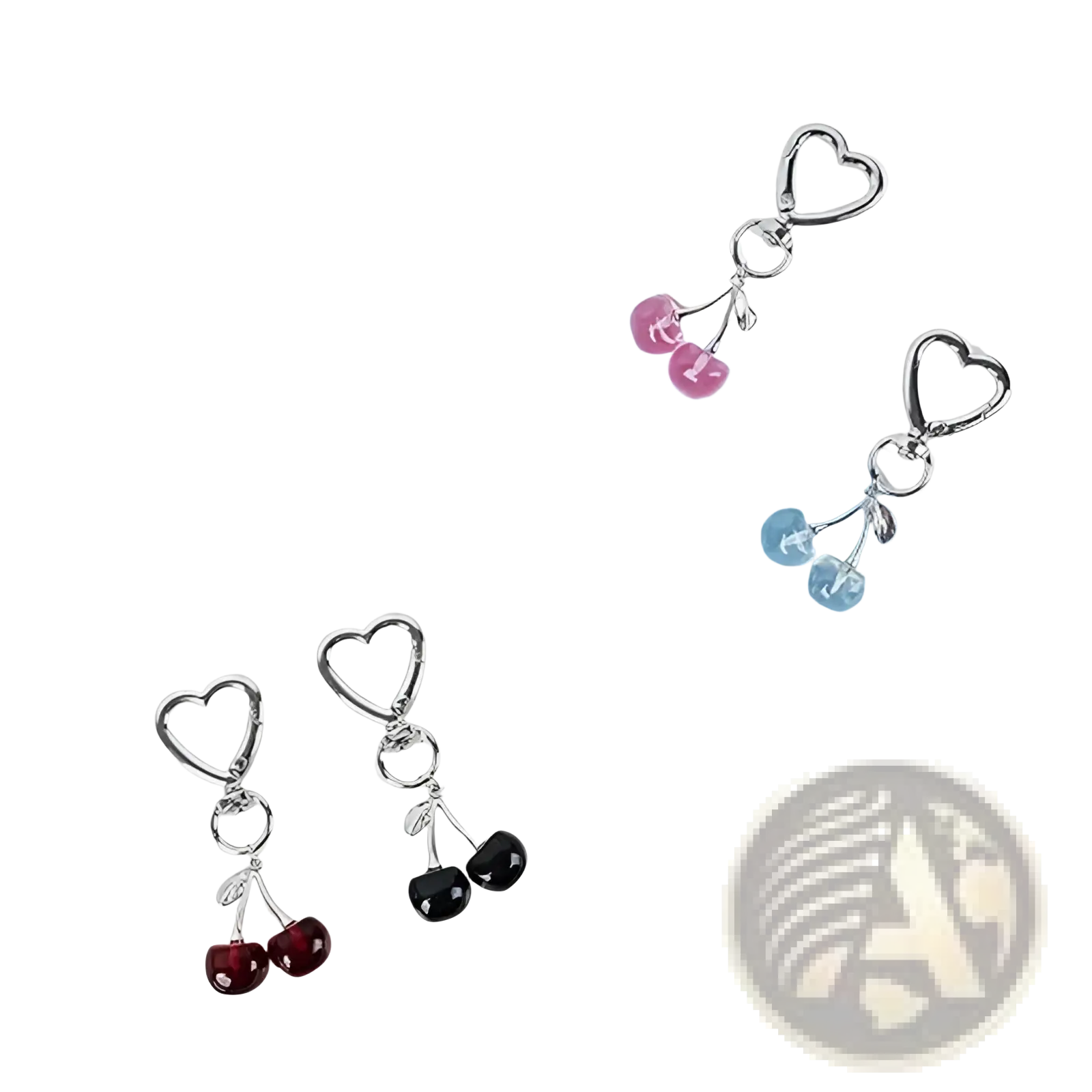 Silver heart-shaped cherry bag charm keychains with red black and pink translucent resin pendants