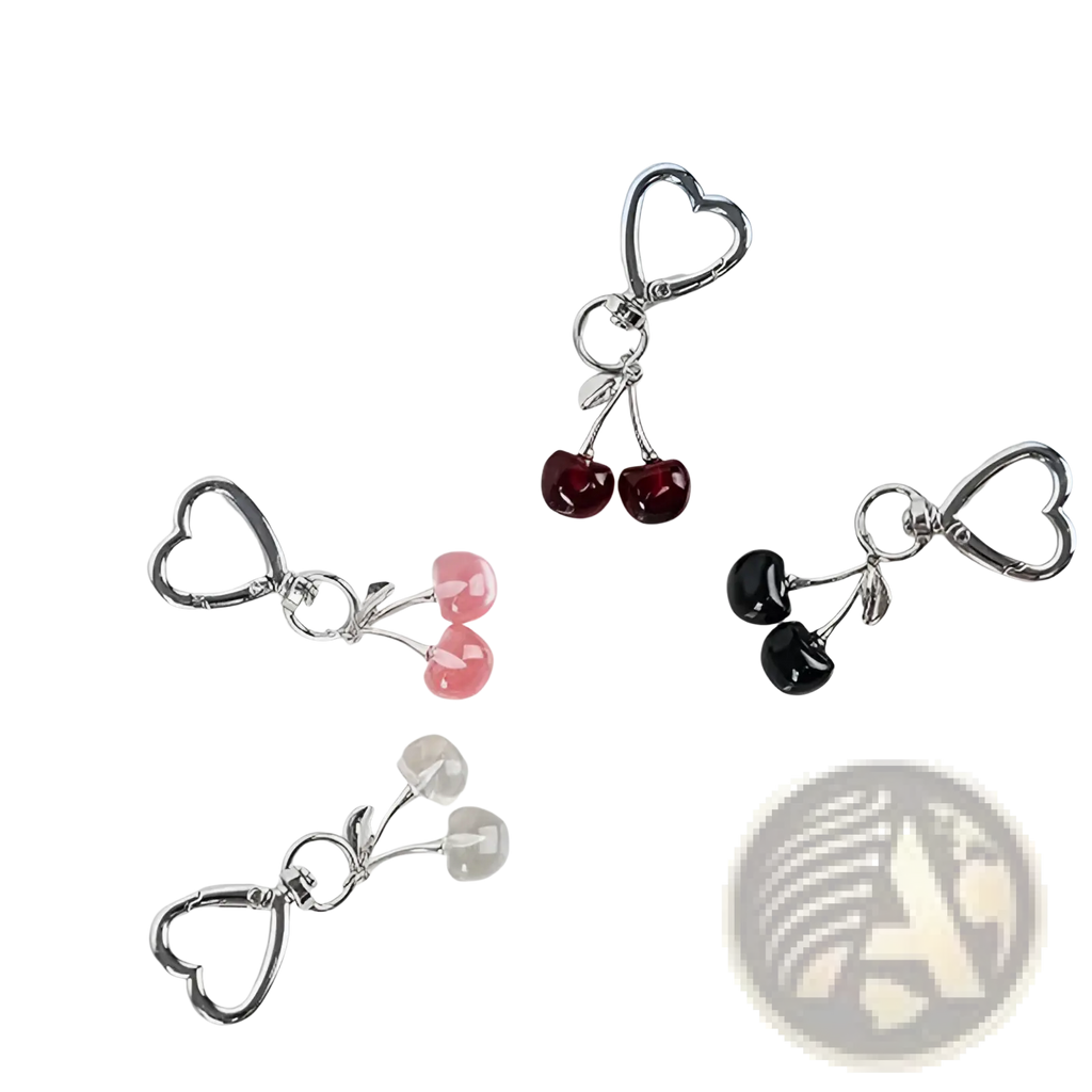 Silver heart-shaped cherry bag charm keychain with pink red and clear translucent resin designs