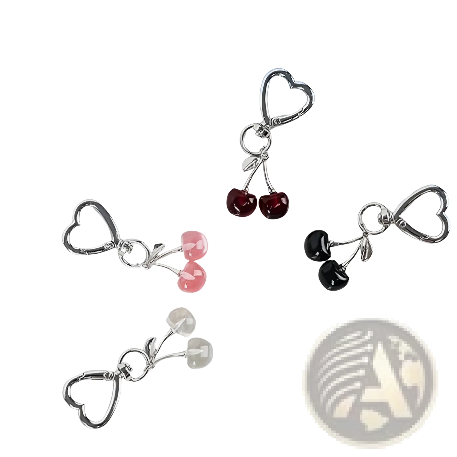 Silver heart-shaped cherry bag charm keychain with pink red and clear translucent resin designs