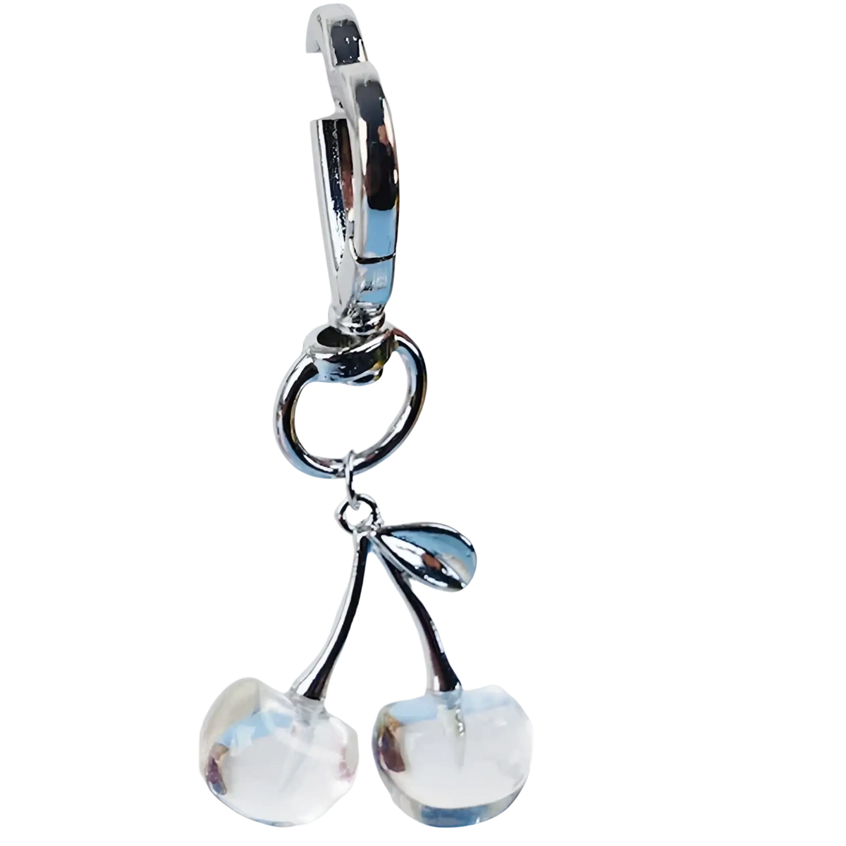 Silver-toned cherry bag charm heart keychain with clear faceted crystal fruit charms and polished metal stems