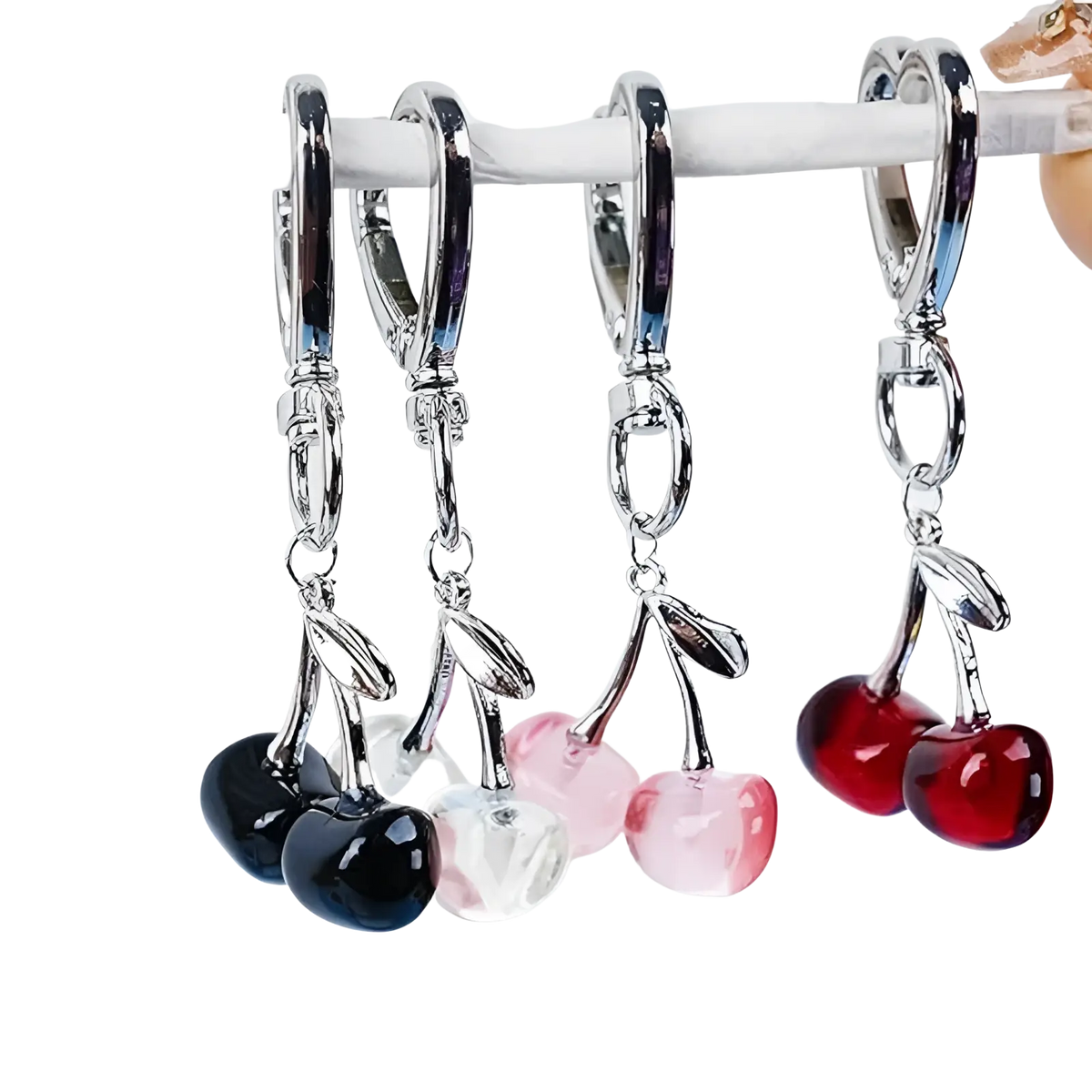 Silver-toned cherry bag charm heart keychain with glossy black clear and pink-red translucent charms