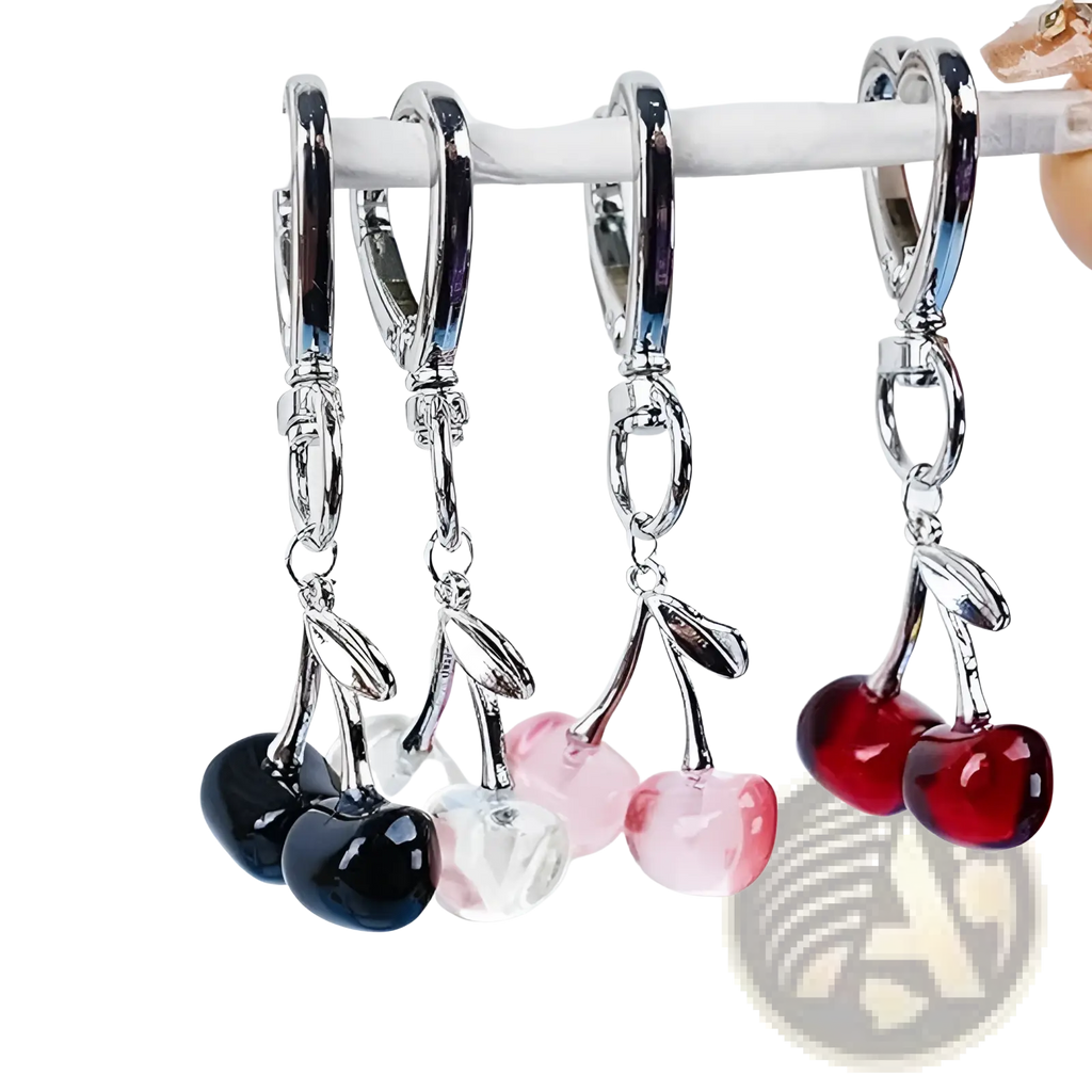 Silver-toned cherry bag charm heart keychain with glossy black clear and pink-red translucent charms
