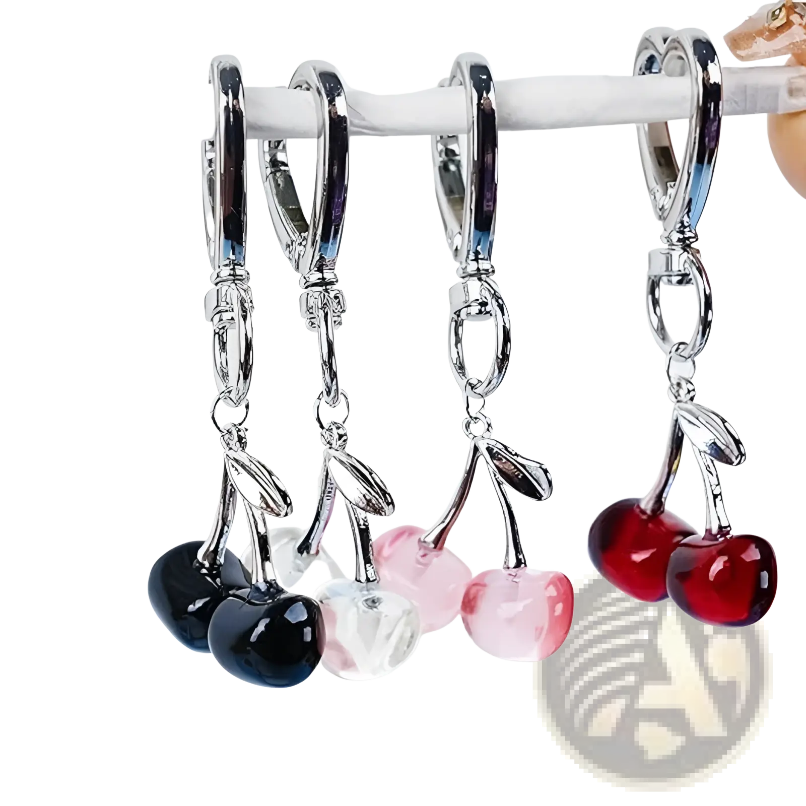 Silver-toned cherry bag charm heart keychain with glossy black clear and pink-red translucent charms