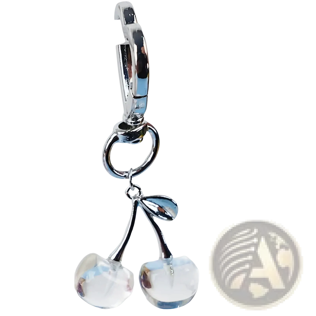 Silver-toned cherry bag charm heart keychain with clear faceted crystal fruit charms and polished metal stems