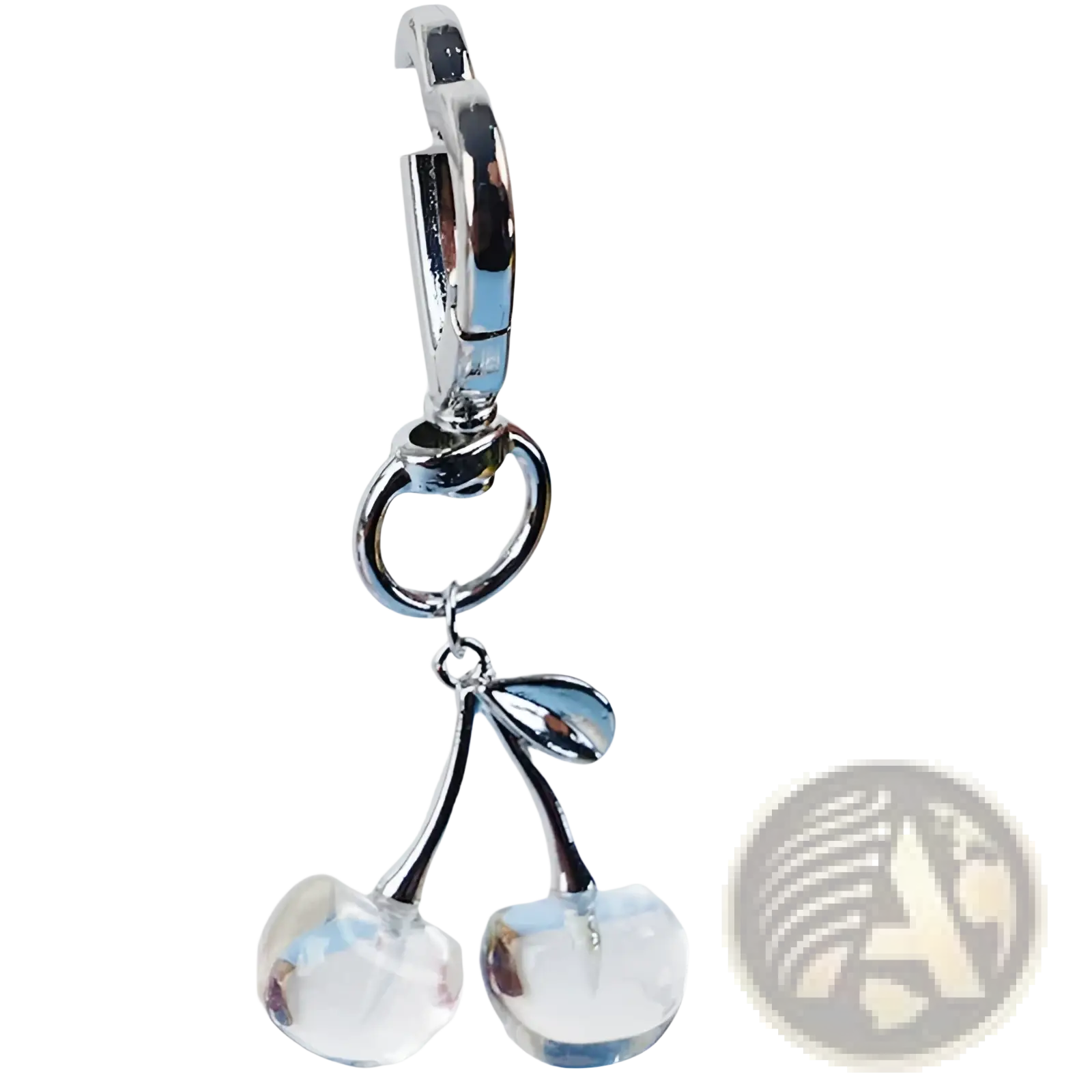 Silver-toned cherry bag charm heart keychain with clear faceted crystal fruit charms and polished metal stems