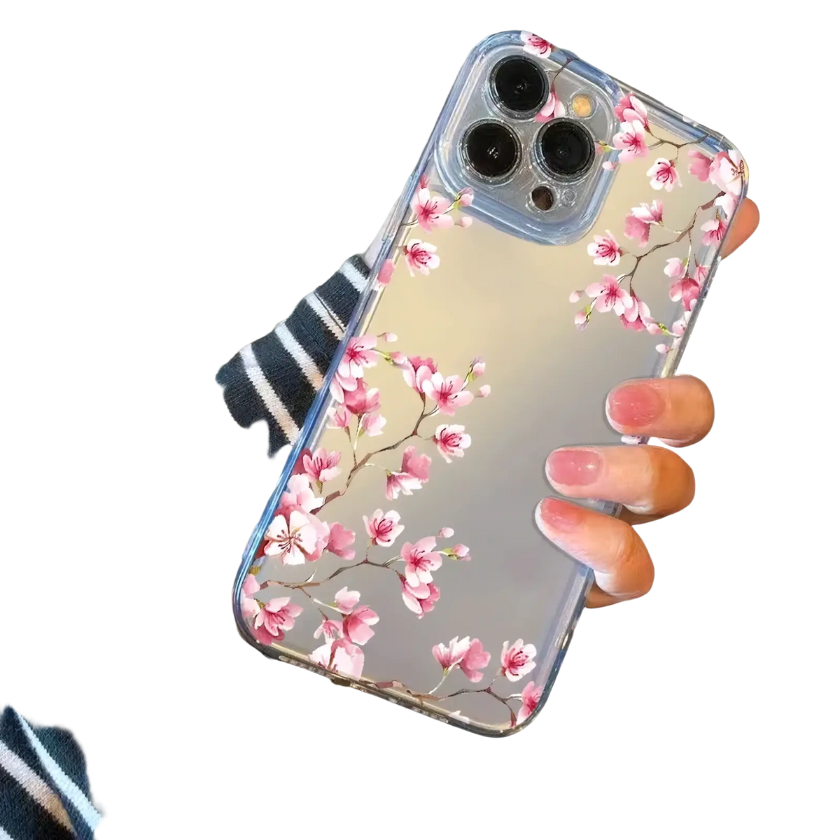 Clear iphone case with delicate pink cherry blossom design shown from the back side