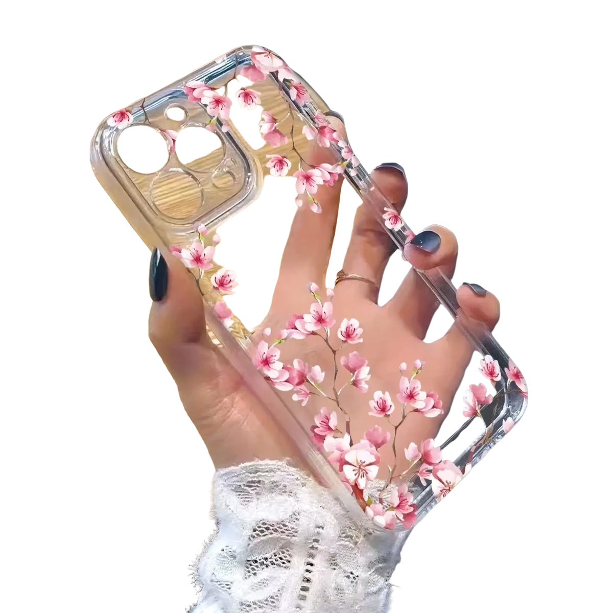 Clear phone case for iphone with delicate pink cherry blossom patterns shown from the back side