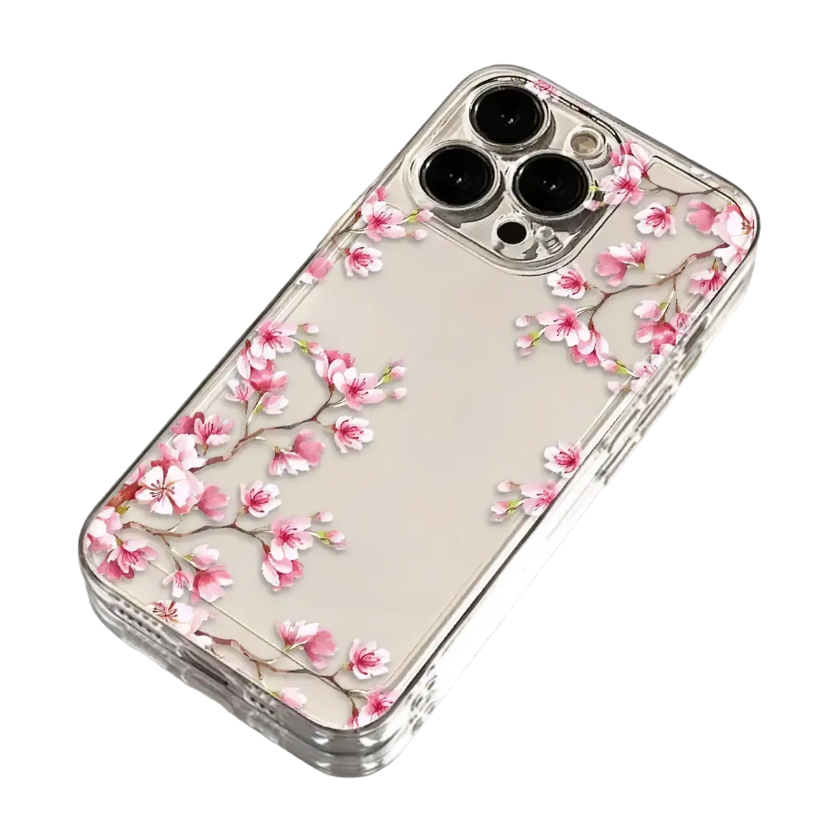 Clear iphone case featuring delicate pink cherry blossom branches on the back side in a transparent design