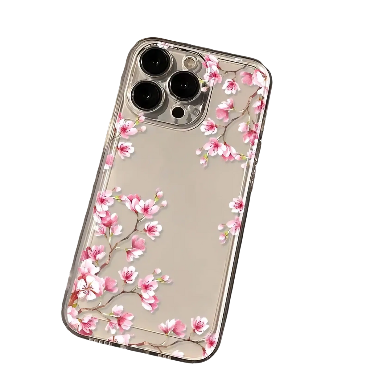 Clear phone case with delicate pink cherry blossom design shown from the back for iPhone protection