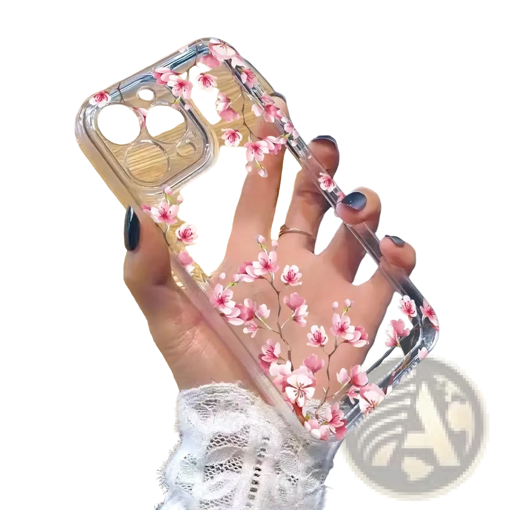 Clear phone case for iphone with delicate pink cherry blossom patterns shown from the back side