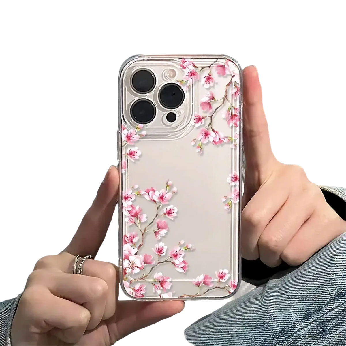 Clear iphone case with delicate pink cherry blossom design shown from the back side