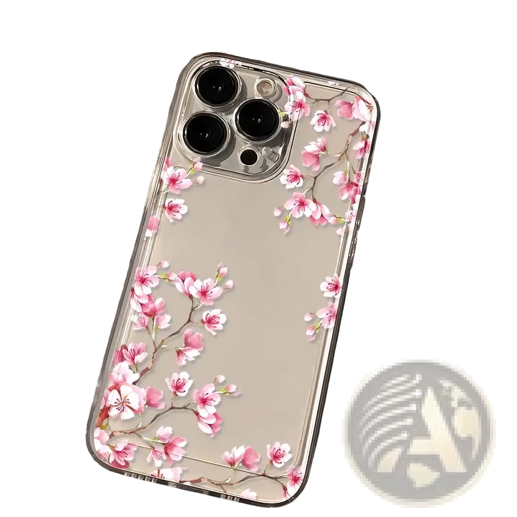 Clear phone case with delicate pink cherry blossom design shown from the back for iPhone protection