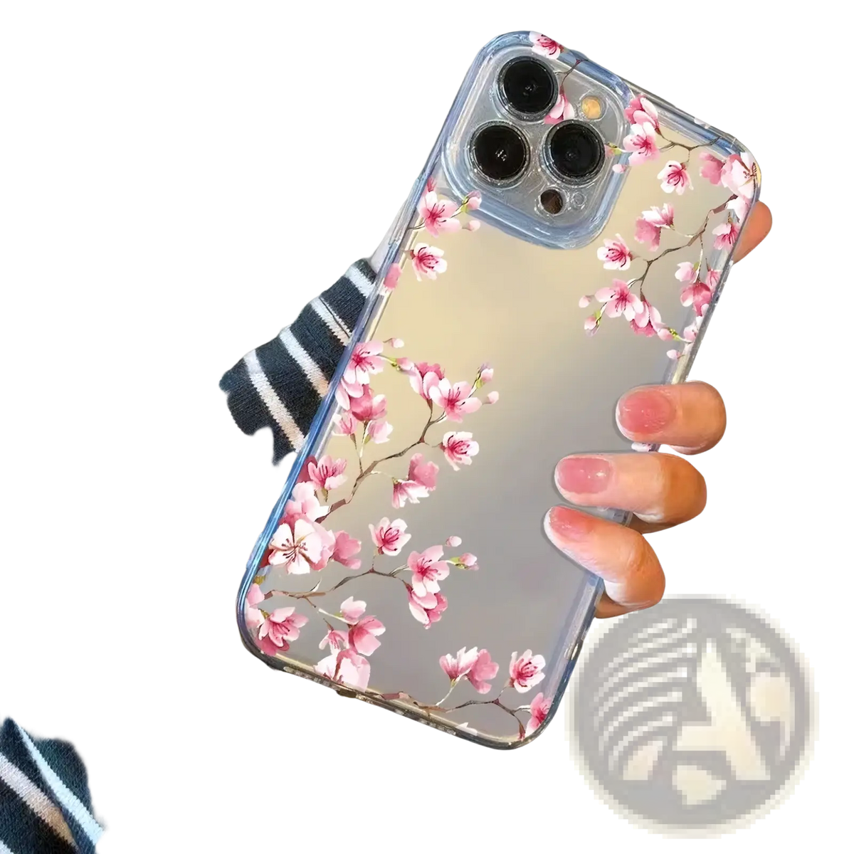 Clear iphone case with delicate pink cherry blossom design shown from the back side